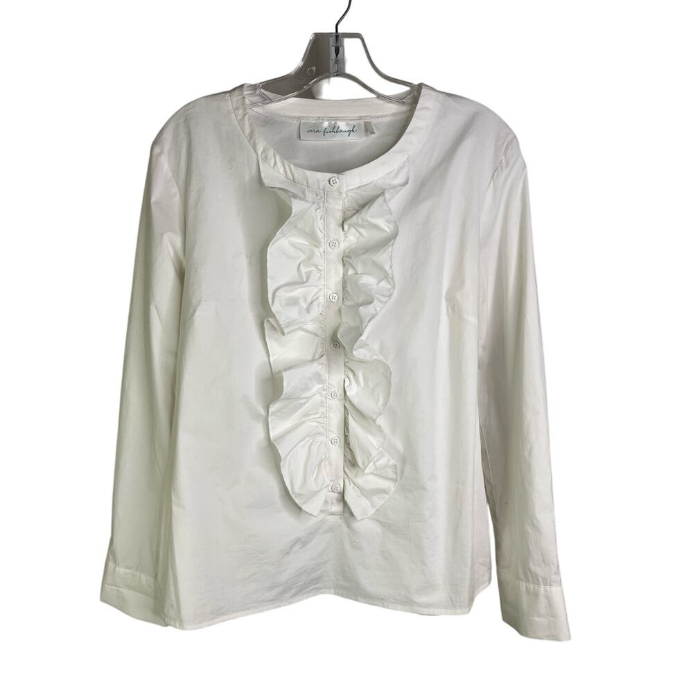 Vera Fishbaugh Blouse Womens Large White Button Down Ruffle Front Classic
